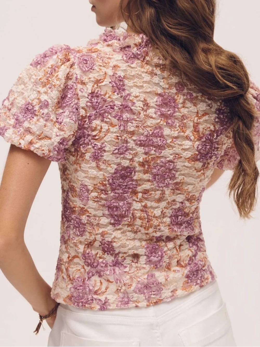 Anthropologie Purple Cream Lace Floral Ruffle Tie Puffy Sleeves Sheer Top XXS